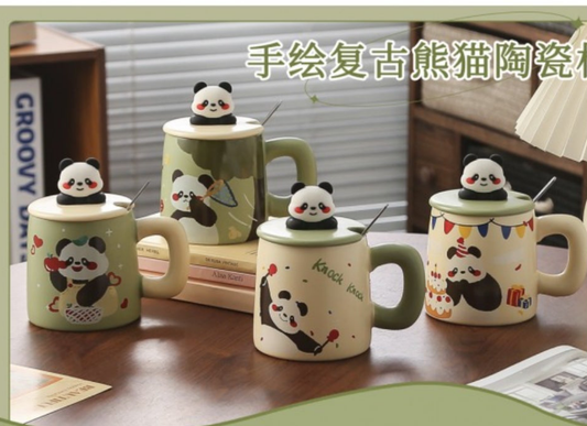 Panda ceramic mugs with lids and spoons