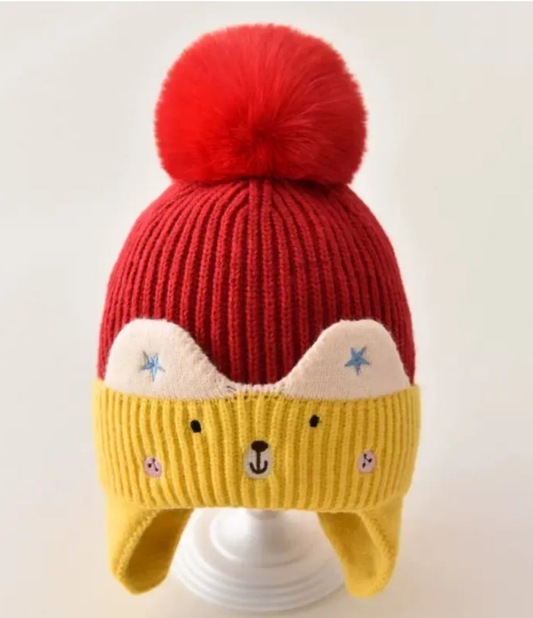 Red and yellow knitted winter cap for babies