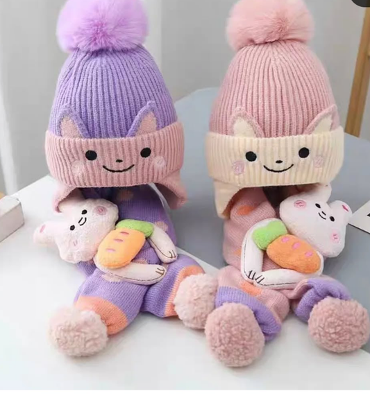 Bunny Knitted hat with ear flaps and matching scarf