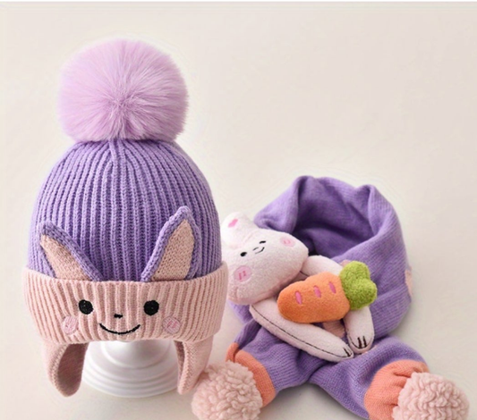 Bunny Knitted hat with ear flaps and matching scarf