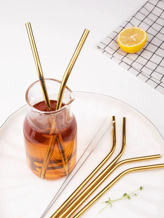 6-Pcs Golden Reusable Stainless Steel Drinking Straws With Cleaning Brush