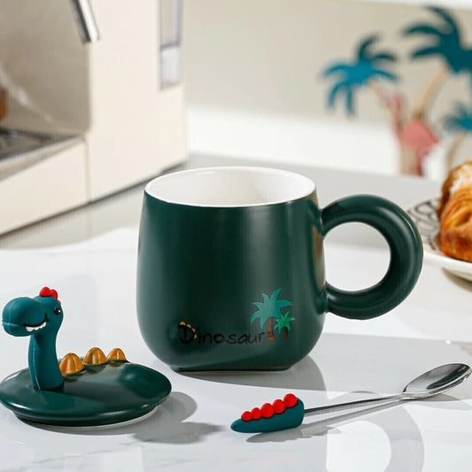 Ceramic Dinosaur Mugs with Dinosaur-shaped Lids and Handles.