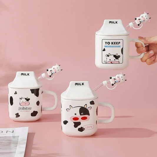 Milk Carton 3D Shaped Ceramic Mug with Lid and Straw