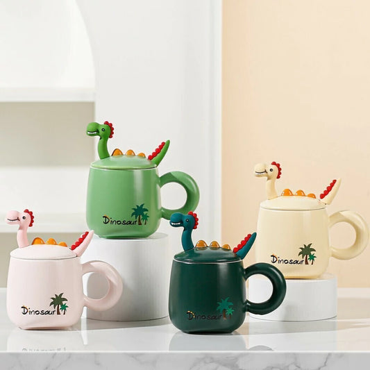 Ceramic Dinosaur Mugs with Dinosaur-shaped Lids and Handles.