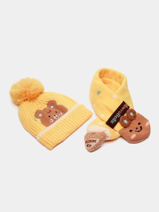 yellow knitted hat and scarf set for children