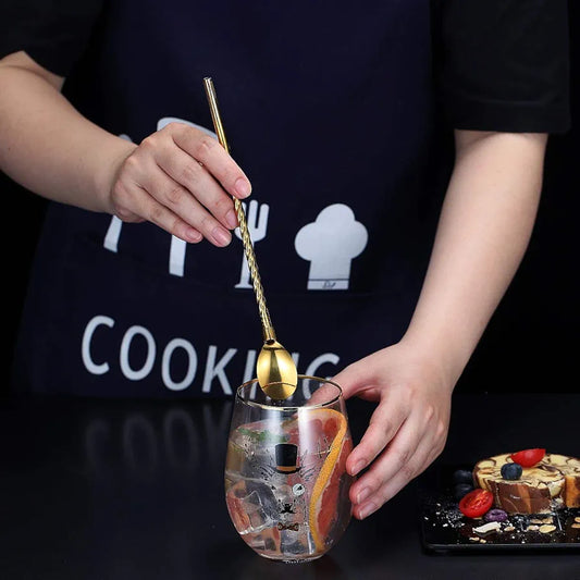 6 Pcs Golden Reusable stainless steel straw spoon With cleaning brush