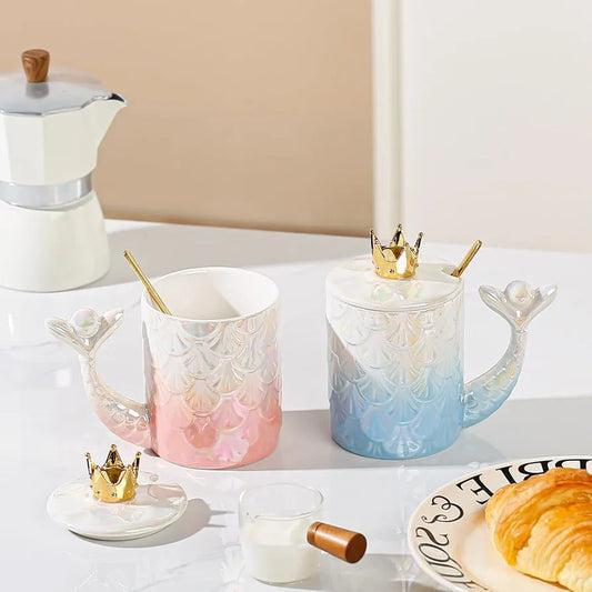 Mermaid coffee Mug with crown lid and Spoon