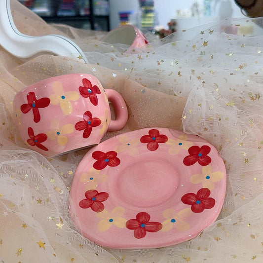 charming pink ceramic mug and saucer set