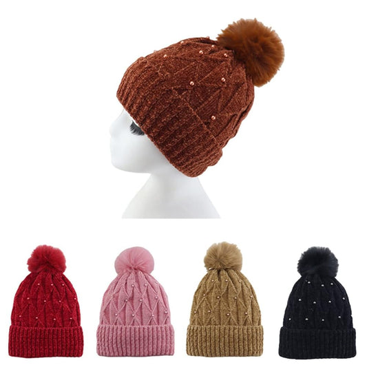 women's winter knitted beanie hat with a pom-pom and pearl embellishments.