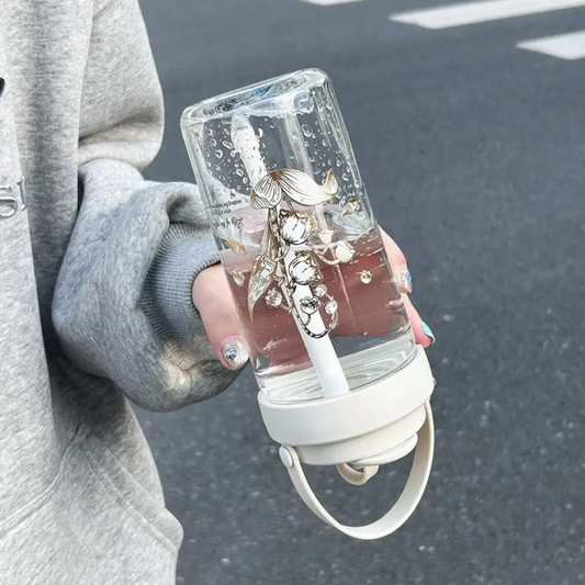 Elegant Floral Glass Bottle with Straw Lid- Glassware