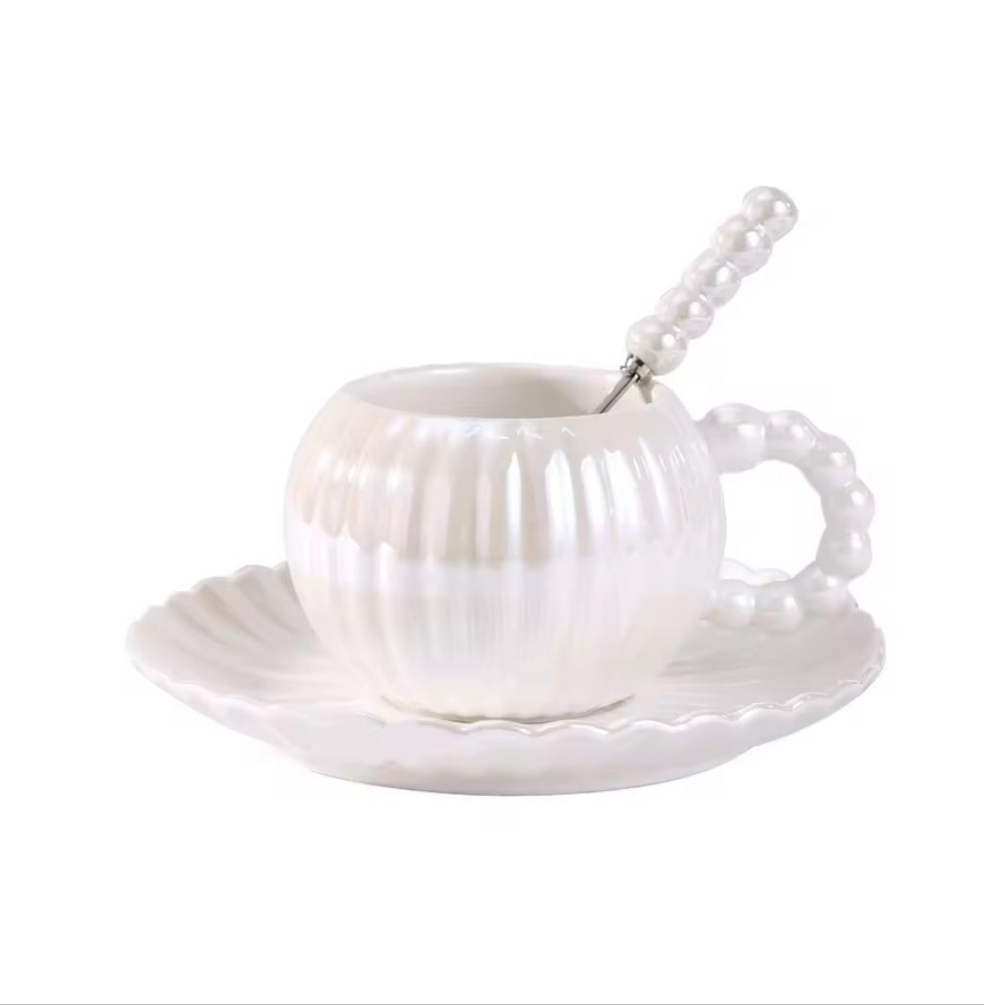 Ceramic Coffee Mug With Matching Saucer and Spoon