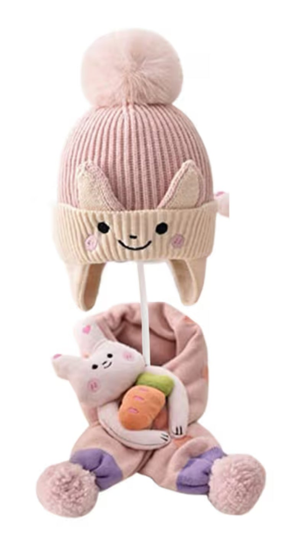 Bunny Knitted hat with ear flaps and matching scarf