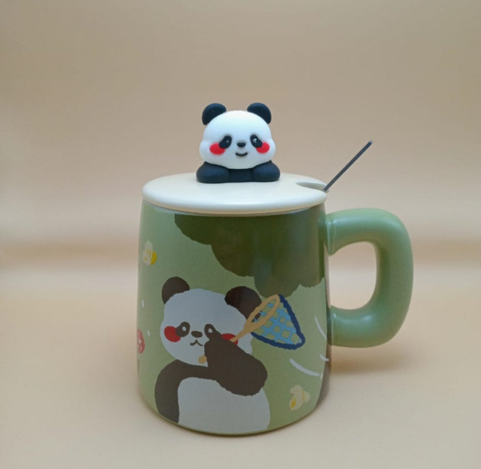 Panda ceramic mugs with lids and spoons