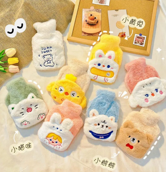hot water bottles with cute, plush animal-themed covers