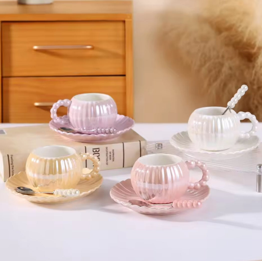 Ceramic Coffee Mug With Matching Saucer and Spoon