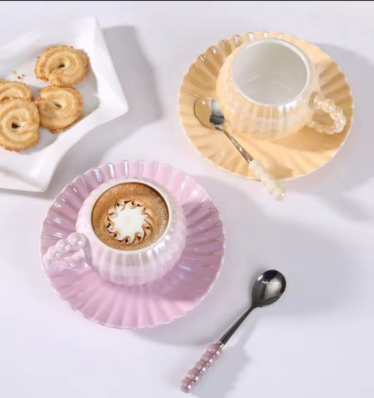 Ceramic Coffee Mug With Matching Saucer and Spoon