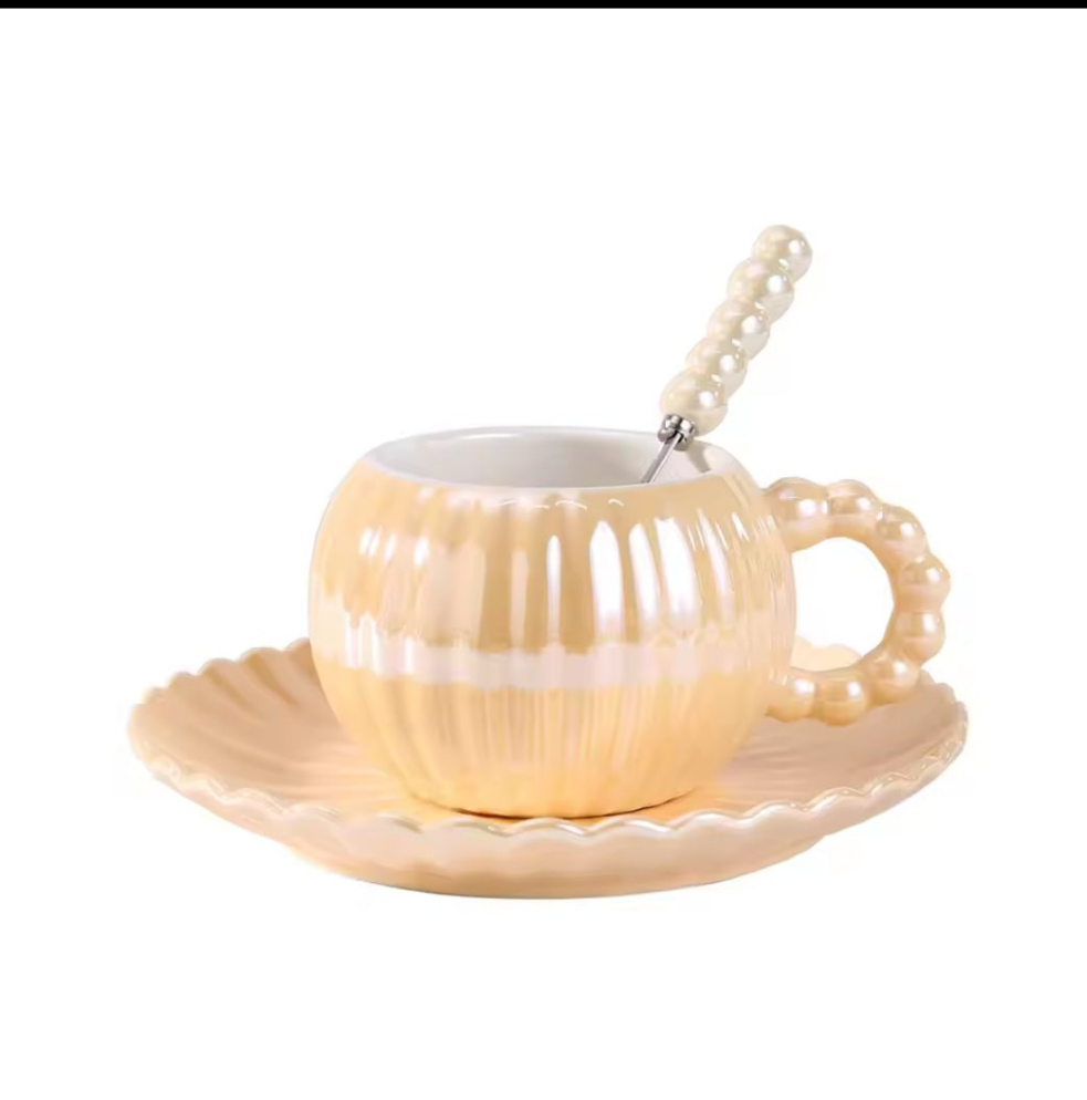 Ceramic Coffee Mug With Matching Saucer and Spoon