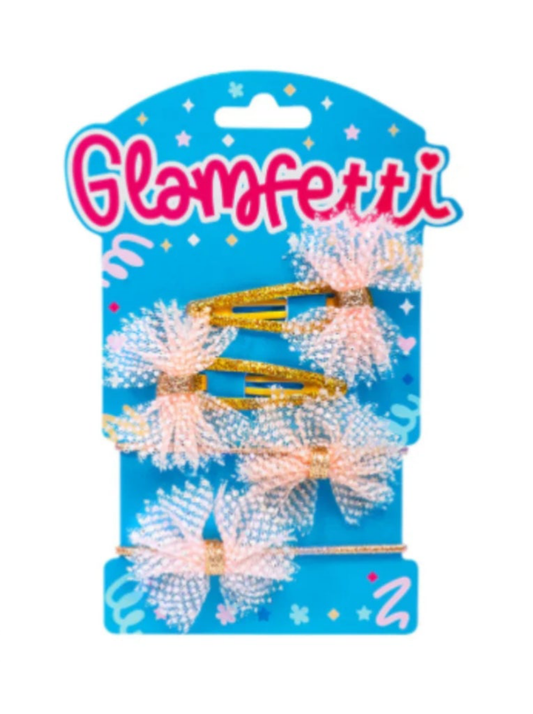 Glamfetti Hair Pink/Gold Bow Hair Clip and Hair Tie 4pc Set