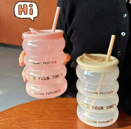 Korean BVubble Glass With Silicon Lid And Straw