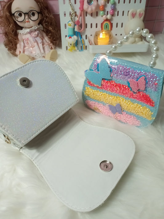 Dazzling Rainbow Butterfly Handbag with Elegant Pearl Handle