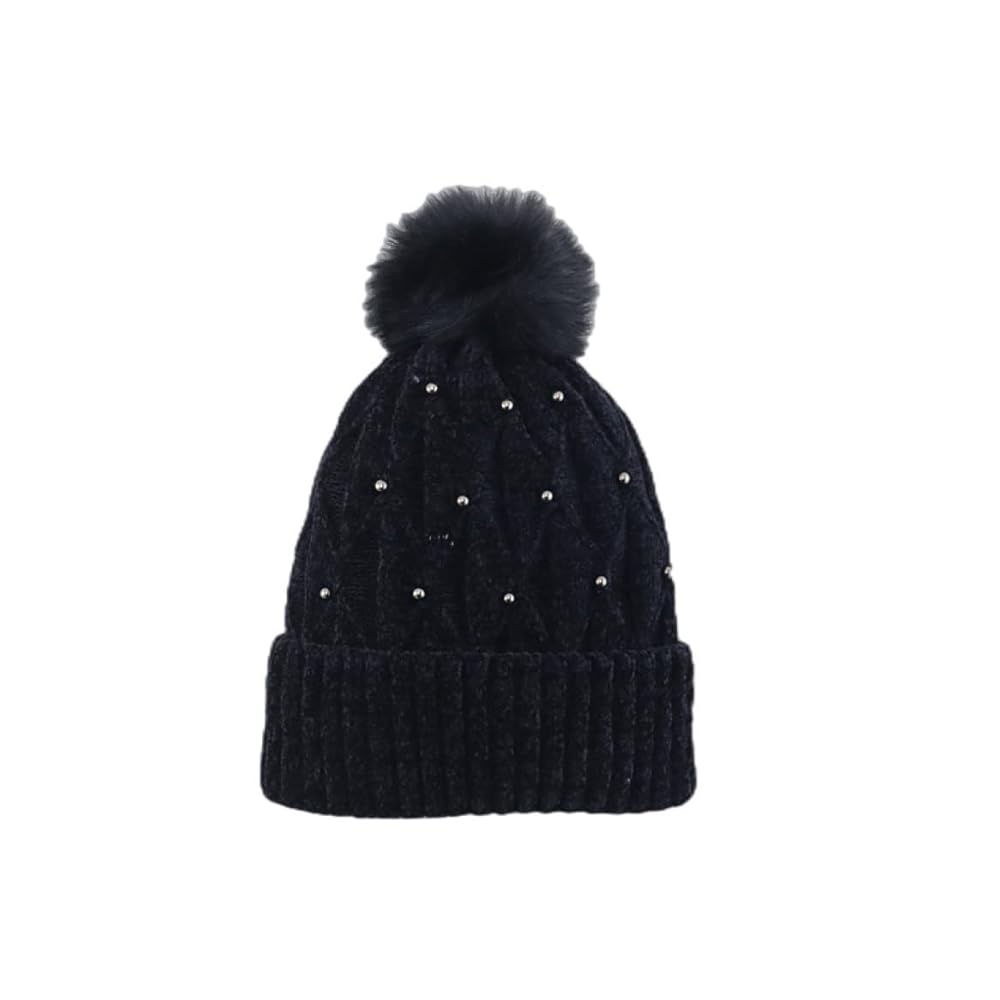 women's winter knitted beanie hat with a pom-pom and pearl embellishments.