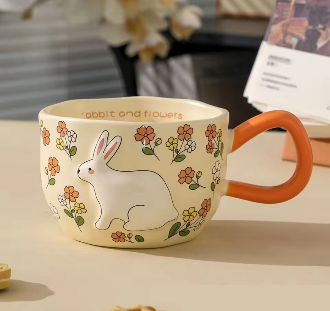 Ceramic Rabbit and Flowers Mug