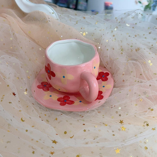 charming pink ceramic mug and saucer set
