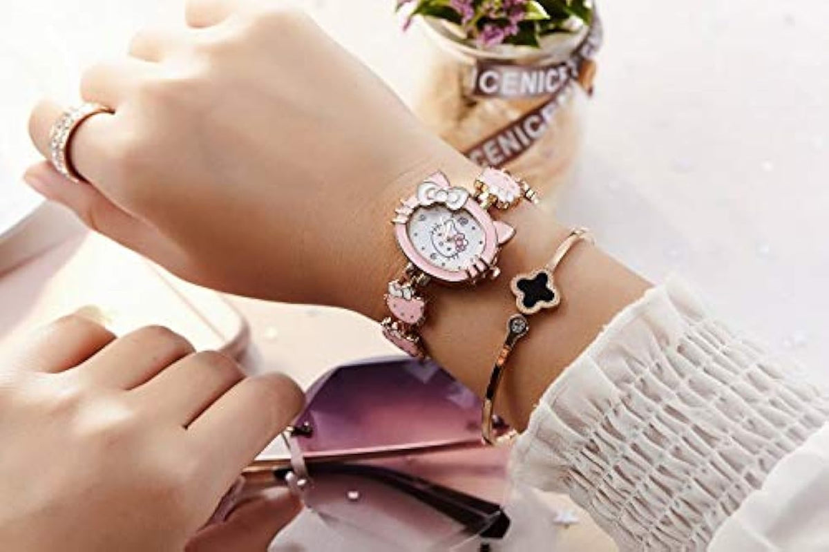Premium Stainless steel Hello Kitty watch with a pink and gold-colored bracelet.