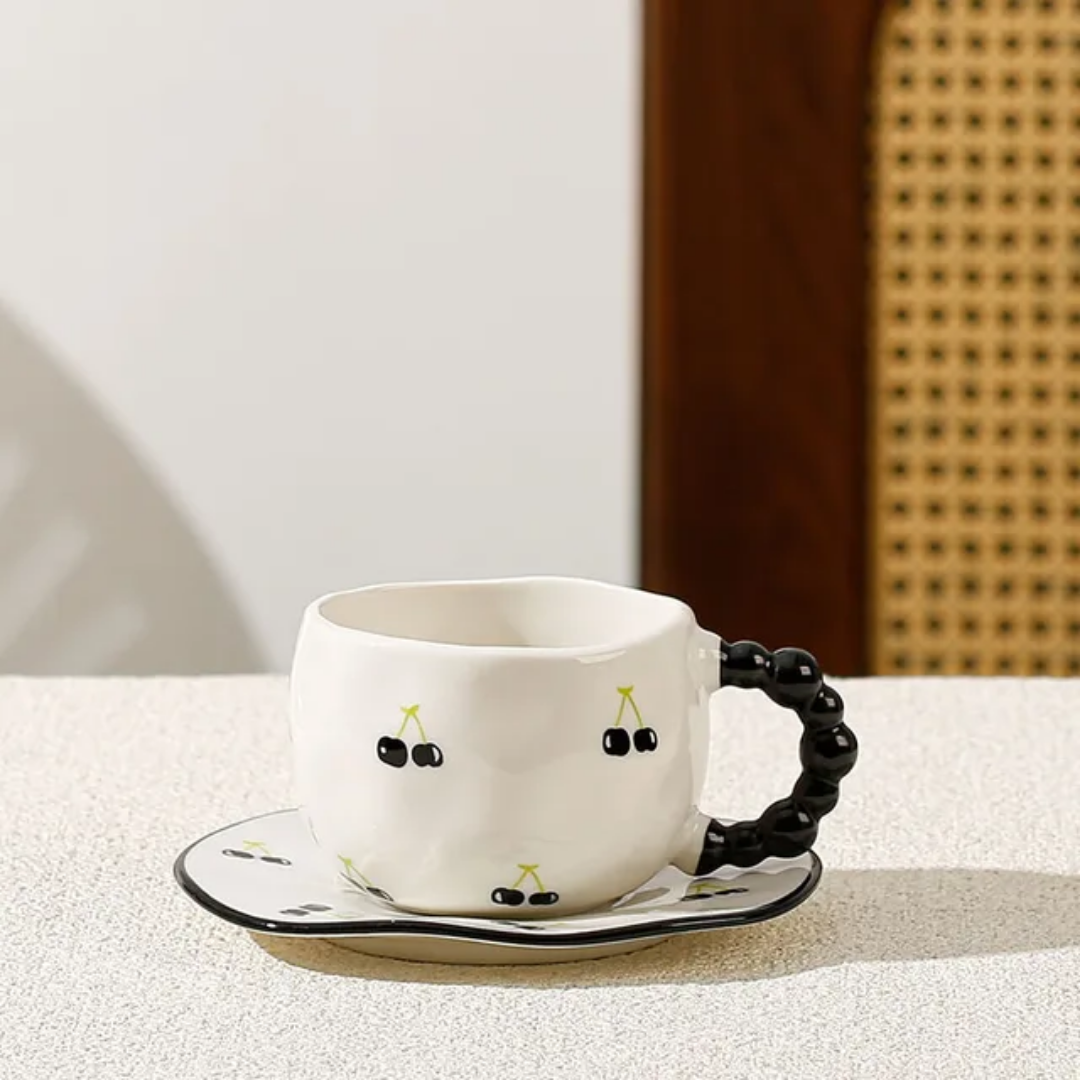 Whimsical Hand-Pinched Ceramic Mug & Saucer Set