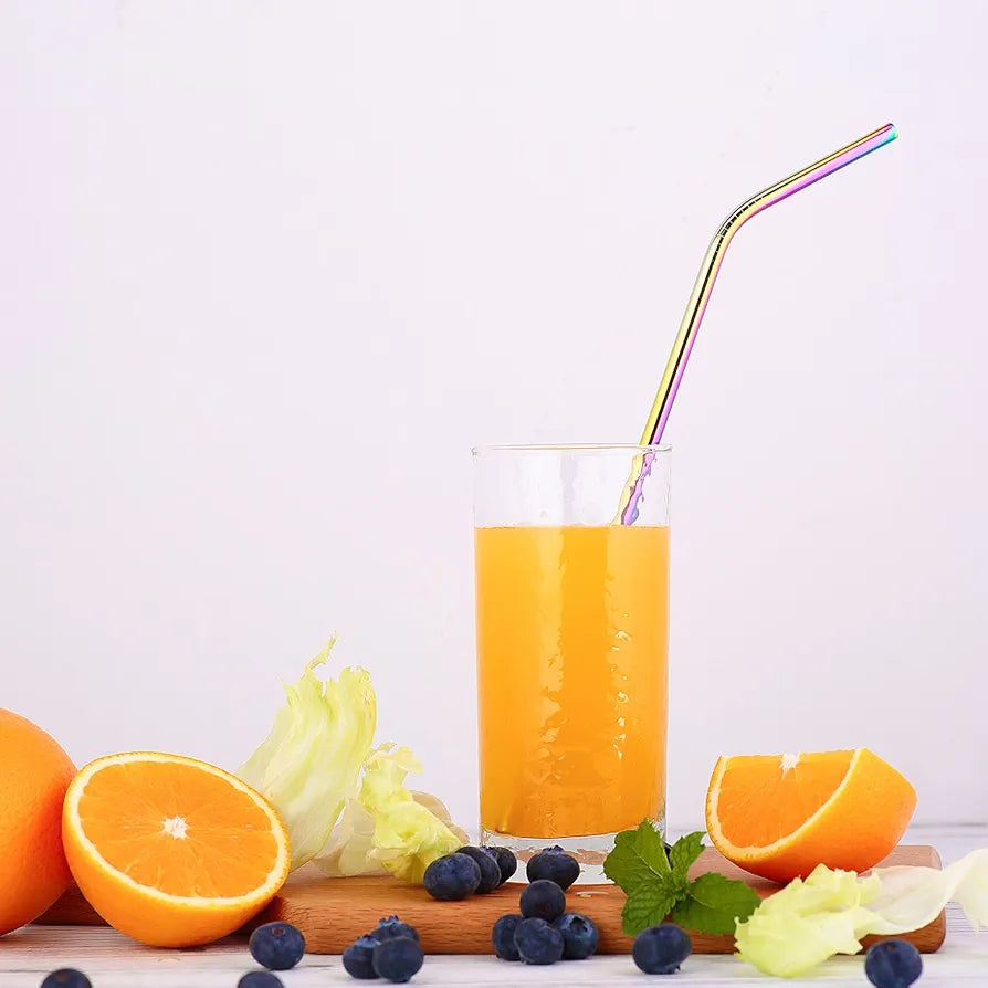 6-Pcs Rainbow Reusable Stainless Steel Drinking Straws With Cleaning Brush