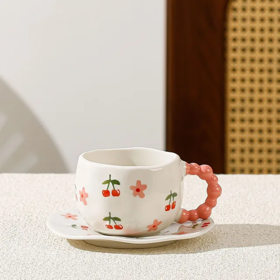 Whimsical Hand-Pinched Ceramic Mug & Saucer Set