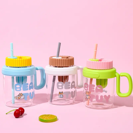 Cute Bear-Themed Straw Cup with Handle – Glassware