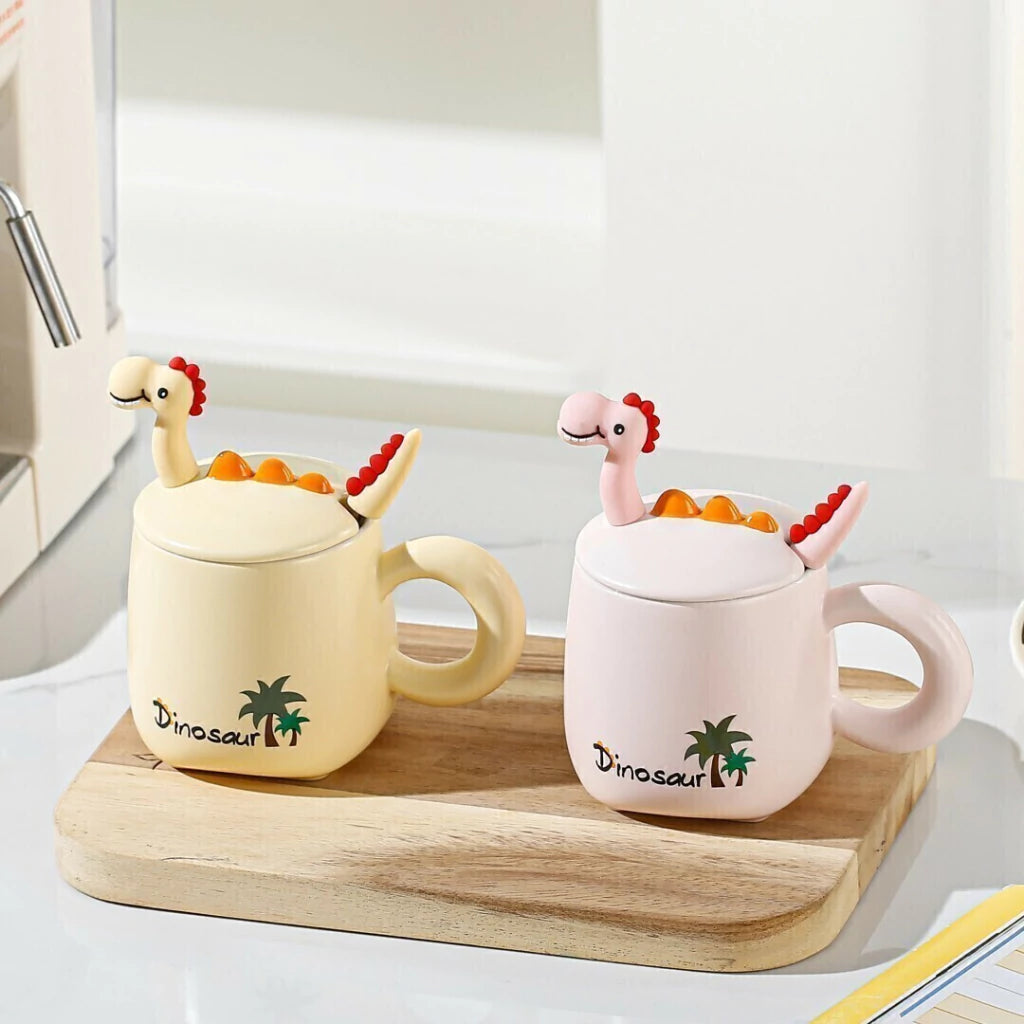 Ceramic Dinosaur Mugs with Dinosaur-shaped Lids and Handles.