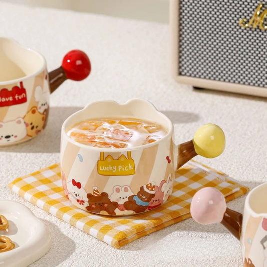 Cute Cartoon Claw Machine Ceramic Mug Set – With Plush Keychain