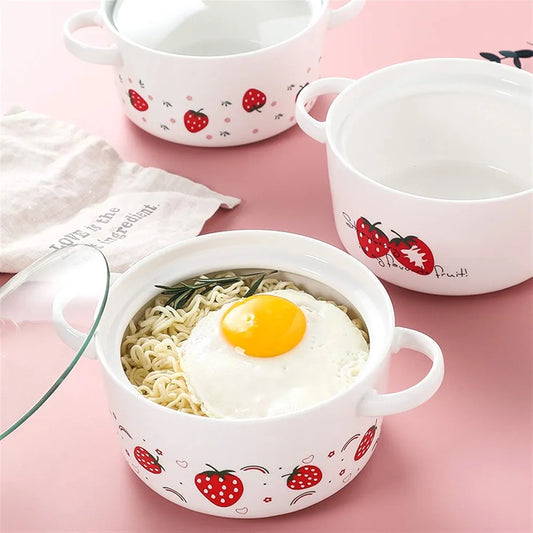 Strawberry Ceramic Bowl Set with Lids & Handles