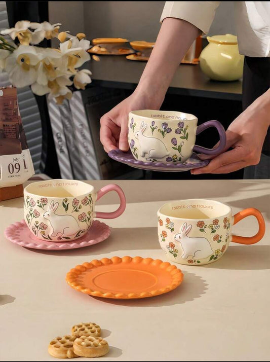 Ceramic Rabbit and Flowers cup and saucer set