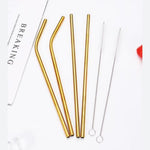 6-Pcs Golden Reusable Stainless Steel Drinking Straws With Cleaning Brush