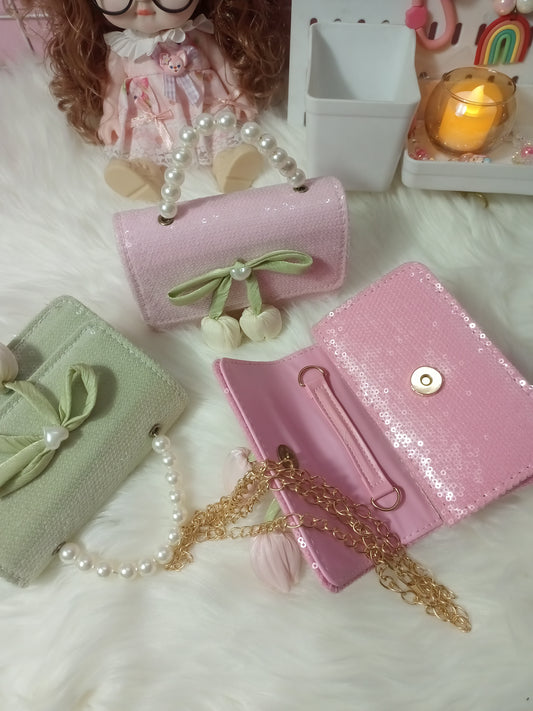Pink Sequin Mini Handbag With A Pearl Handle