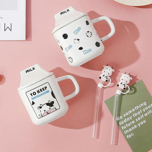 Milk Carton 3D Shaped Ceramic Mug with Lid and Straw