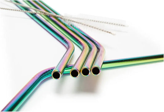 6-Pcs Rainbow Reusable Stainless Steel Drinking Straws With Cleaning Brush