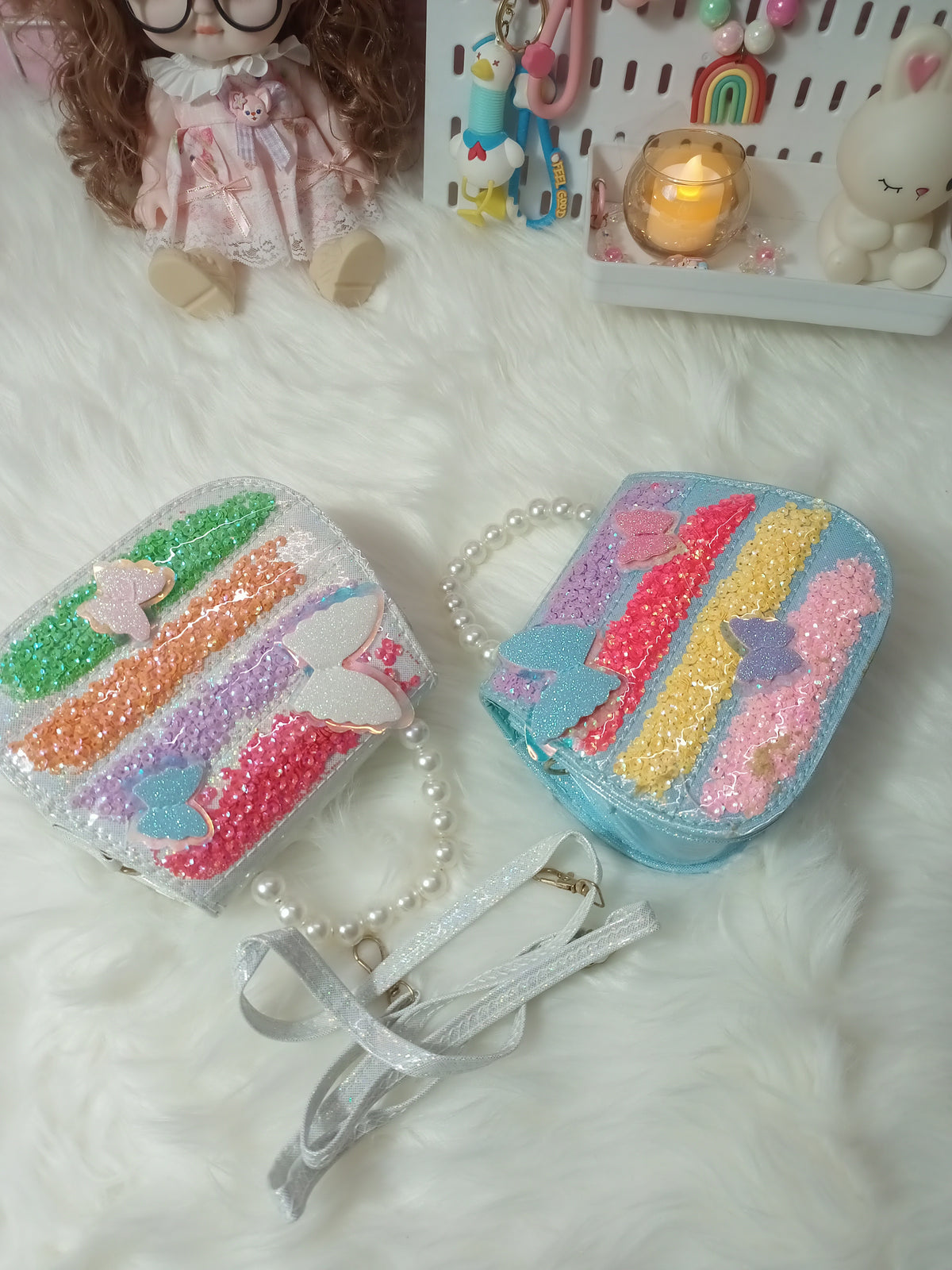 Dazzling Rainbow Butterfly Handbag with Elegant Pearl Handle