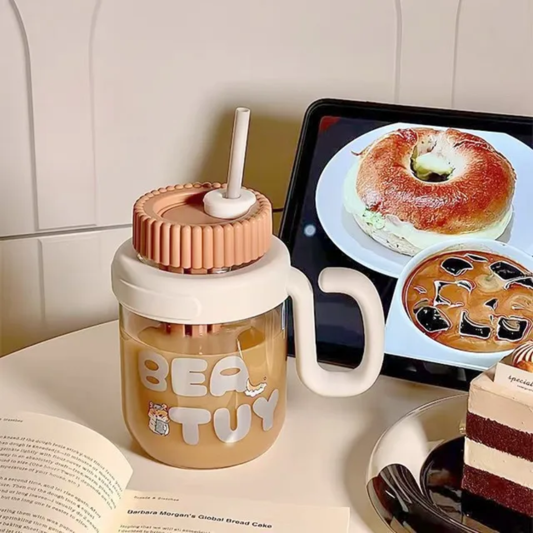 Cute Bear-Themed Straw Cup with Handle – Glassware