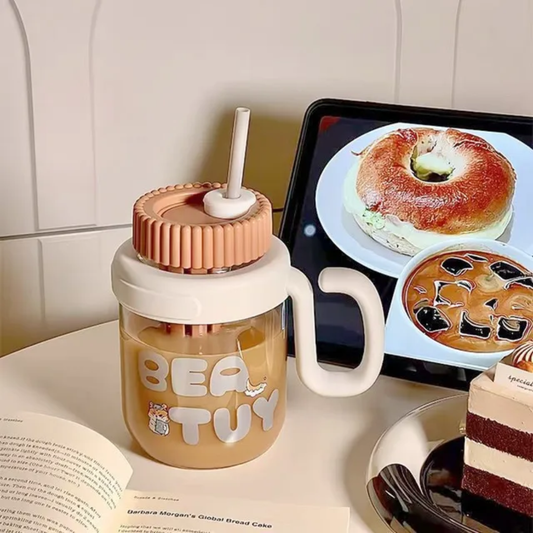 Cute Bear-Themed Straw Cup with Handle – Glassware
