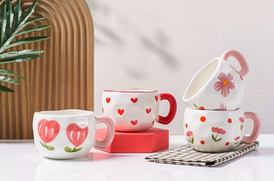 Cute Flower and Heart Ceramic Cups with saucer