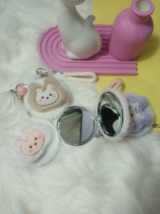 Cute Fluffy Bunny Compact Mirror Keychain