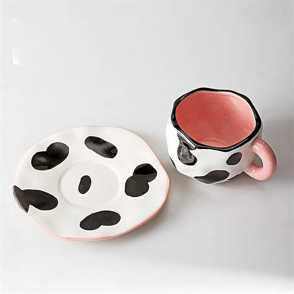 unique ceramic cow print mug and saucer set