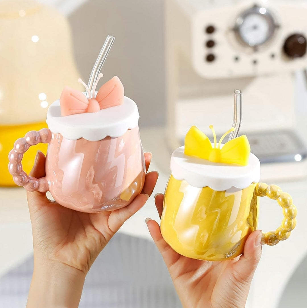 300ml/10.14oz Creative Pearlescent Glaze Bowtie Straw Girl INS Style Mug
