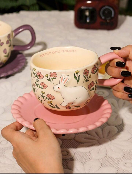 Ceramic Rabbit and Flowers cup and saucer set
