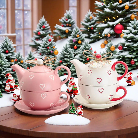 Ceramic Heart Print Teapot & Cup Set With Saucer