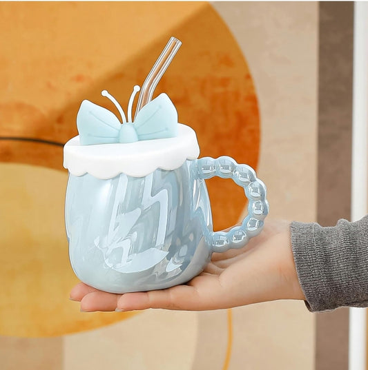 300ml/10.14oz Creative Pearlescent Glaze Bowtie Straw Girl INS Style Mug